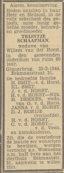 Eekmaatstraat 31 Wed. Tr. van deorst-Schaapman overlijdensadvertentie Twentsch nieuwsblad 28-2-1944.jpg
