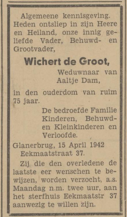 Eekmaatstraat 37 Wichert de Groot overlijdensadvertentie Tubantia 16-4-1942.jpg