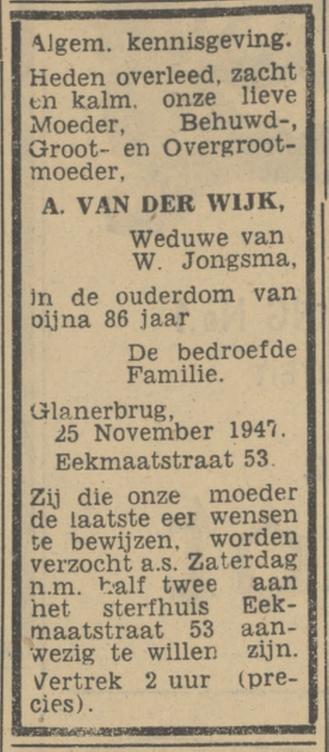 Eekmaatstraat 53 Wed. A. Jongsma-van der Wijk overlijdensadvertentie Tubantia 27-11-1947.jpg