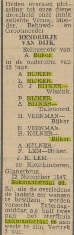 Eekmaatstraat 66 Hendrikje Bijker-van Dijk overlijdensadvertentie Tubantia 14-11-1947.jpg