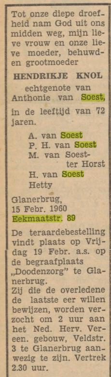 Eekmaatstraat 89 Hendrikje van Soest-Knol overlijdensadvertentie Tubantia 17-2-1960.jpg