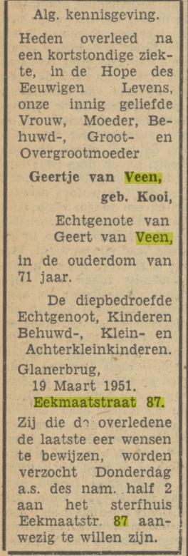 Eekmaatstraat 87 G. van Veen-Kooi overlijdensadvertentie Tubantia 20-3-1951.jpg