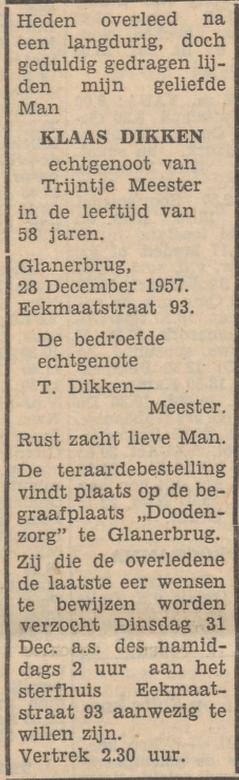 Eekmaatstraat 93 Klaas Dikken overlijdensadvertentie Tubantia 28-12-1957.jpg