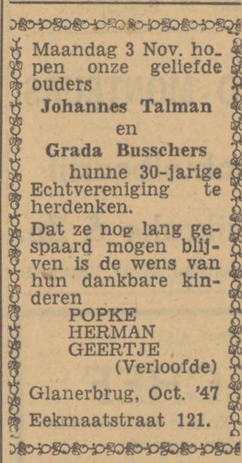 Eekmaatstraat 121 Johannes Talman advertentie Tubantia 31-10-1947.jpg