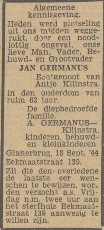 Eekmaatstraat 139 Jan Germanus overlijdensadvertentie Twentsch nieuwsblad 20-9-1944.jpg