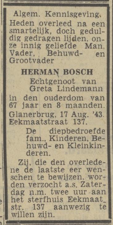 Eekmaatstraat 137 Herman Bosch overlijdensadvertentie Twentsch nieuwsblad 19-8-1943.jpg
