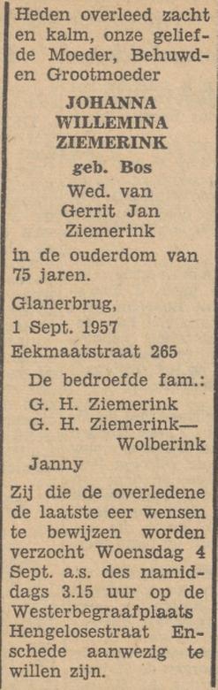 Eekmaatstraat 265 J.W. Ziemerink-Bos overlijdensadvertentie Tubantia 2-9-1957.jpg
