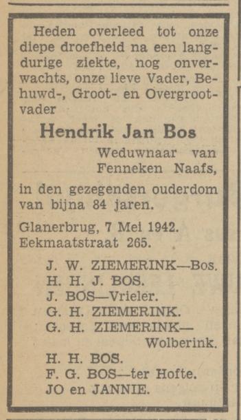 Eekmaatstraat 265 H.J. Bos overlijdensadvertentie Tubantia 8-5-1942.jpg