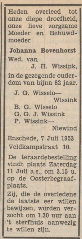 Eerste Veldkampstraat 10 Wed. J. Wissink-Bovenhorst overlijdensadvertentie Tubantia 8-7-1953.jpg