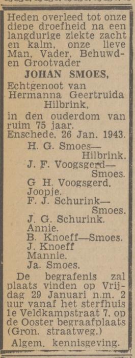Eerste Veldkampstraat 7 Johan Smoes overlijdensadvertentie Twentsch nieuwsblad 28-1-1943.jpg