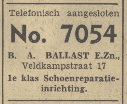 Eerste Veldkampstraat 17 B.A. Ballast schoenreparatie-inrichting advertentie Tubantia 21-7-1950.jpg