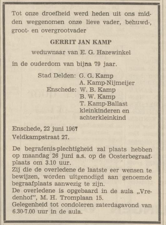 Eerste Veldkampstraat 27 G.J. Kamp overlijdensadvertentie Tubantia 23-6-1967.jpg