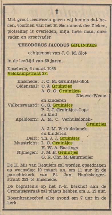 Eerste Veldkampstraat 28 Th.J. Gruintjes overlijdensadvertentie Tubantia 8-3-1965.jpg