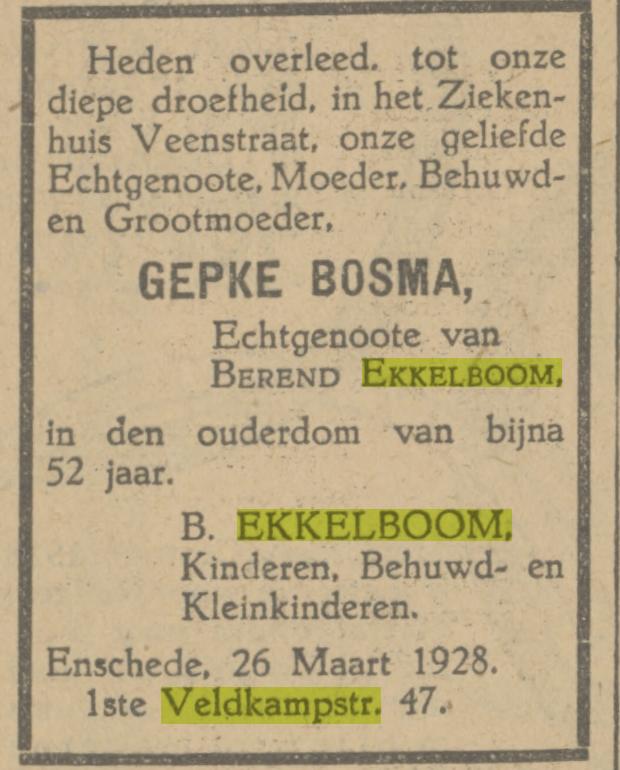 Eerste Veldkampstraat 47 G. Ekkelboom-Bosma overlijdensadvertentie Tubantia 26-3-1928.jpg