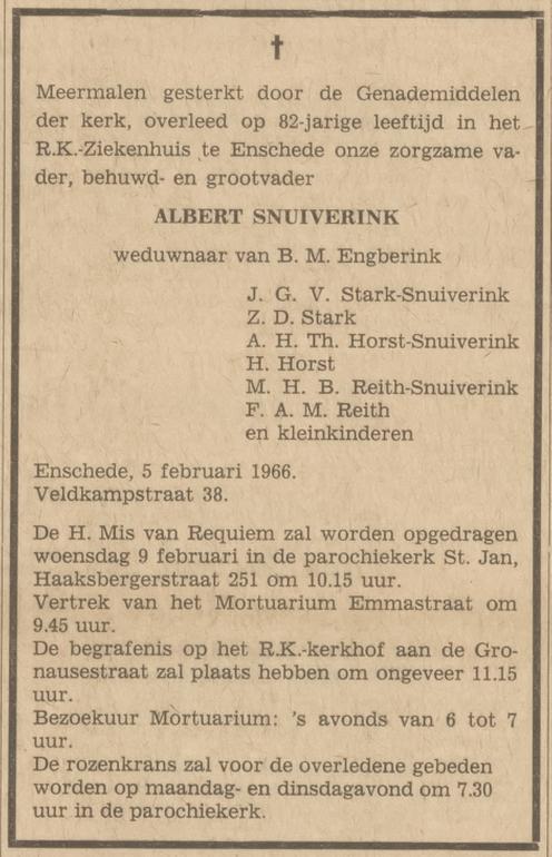 Eerste Veldkampstraat 38 Albert Snuiverink overlijdensadvertentie Tubantia 7-2-1966.jpg