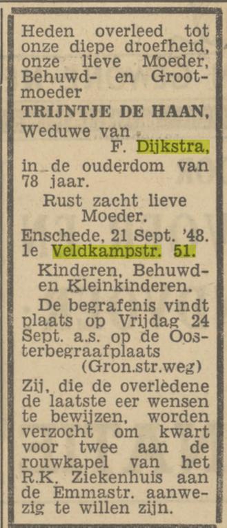 Eerste Veldkampstraat 51 Wed. T. Dijkstra-de Haan overlijdensadvertentie Tubantia 22-9-1948.jpg