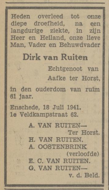 Eerste Veldkampstraat 62 Dirk van Ruiten overlijdensadvertentie Tubantia 18-7-1941.jpg