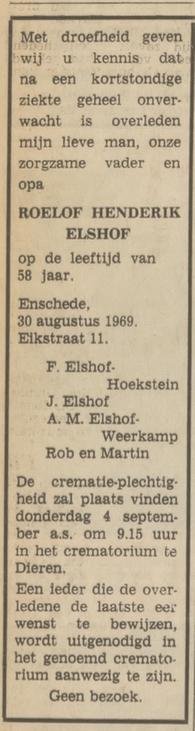 Eikstraat 11 R.H. Elshof overlijdensadvertentie Tubantia 1-9-1969.jpg