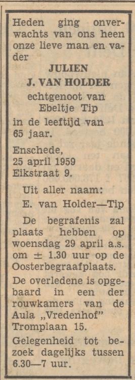 Eikstraat 9 Julien van Holder overlijdensadvertentie Tubantia 27-4-1959.jpg