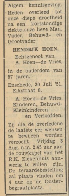 Eikstraat 8 Hendrik Hoen overlijdensadvertentie Tubantia 31-7-1951.jpg
