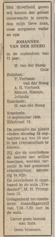 Eikstraat 16 Johannes van der Steeg overlijdensadvertentie Tubantia 20-9-1968.jpg