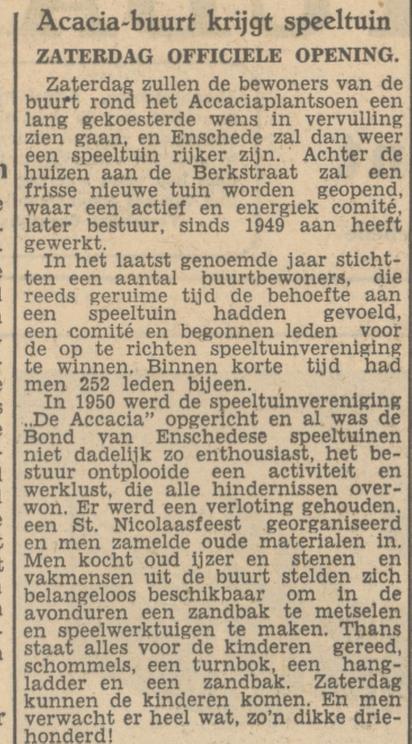 Berkstraat Acaciaplantsoen speeltuin Acacia krantenbericht Tubantia 29-5-1951.jpg