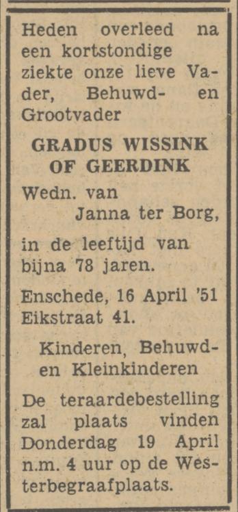 Eikstraat 41 Gradus Wissink of Geerdink overlijdensadvertentie Tubantia 17-4-1951.jpg