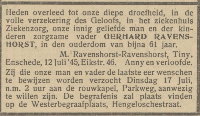 Eikstraat 46 Gerhard Ravenshorst overlijdensadvertentie Het Parool 14-7-1945.jpg