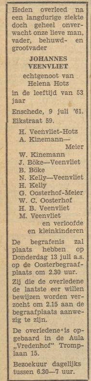 Eikstraat 59 Johannes Veenvliet overlijdensadvertentie Tubantia 10-7-1961.jpg