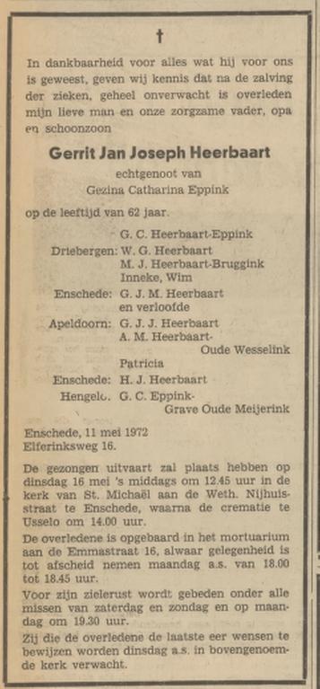 Elferinksweg 16 G.J.J. Heerbaart overlijdensadvertentie Tubantia 13-5-1972.jpg