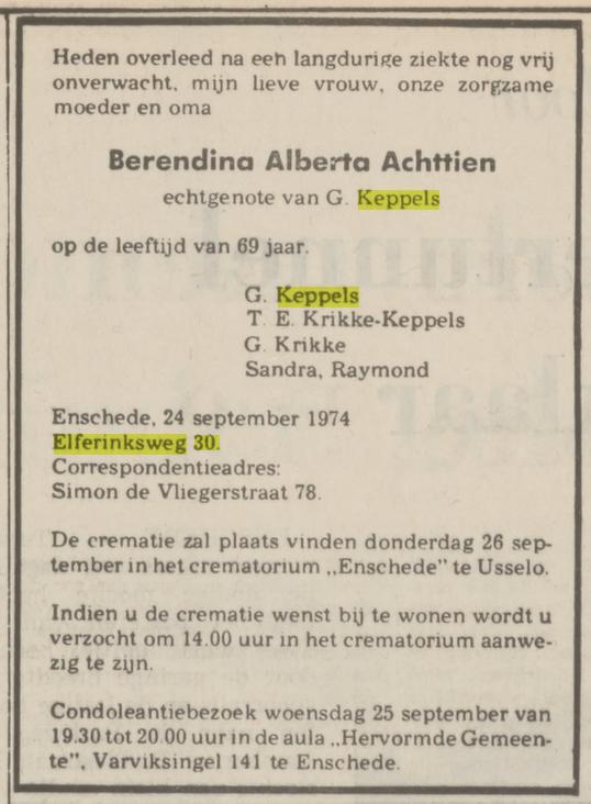 Elferinksweg 30 B.A. Keppels-Achttien overlijdensadvertentie Tubantia 25-9-1974.jpg