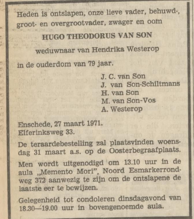Elferinksweg 33 H.Th. van Son overlijdensadvertentie Tubantia 29-3-1971.jpg