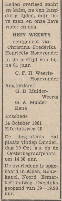 Elferinksweg 40 Hein Weerts overlijdensadvertntie Tubantia 16-10-1961.jpg