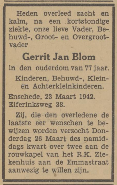 Elferinksweg 38 Gerrit Jan Blom overlijdensadvertentie Tubantia 24-3-1942.jpg