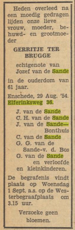 Elferinksweg 36 Grietje van de Sande-ter Brugge overlijdensadvertentie Tubantia 30-8-1954.jpg
