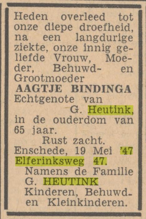 Elferinksweg 47 A. Heutink-Bindinga overlijdensadvertentie Tubantia 20-5-1947.jpg
