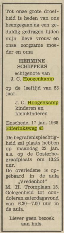 Elferinksweg 43 H. Hoogenkamp-Schippers overlijdensadvertentie 18-1-1968.jpg