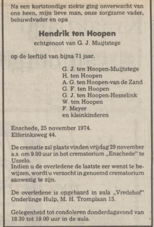 Elferinksweg 44 Hendrik ten Hoopen overlijdensadvertentie Tubantia 27-11-1974.jpg