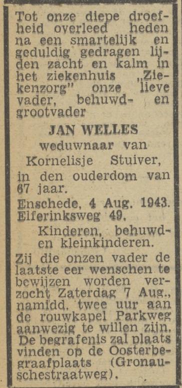 Elferinksweg 49 Jan Welles overlijdensadvertentie Twentsch nieuwsblad 6-8-1943.jpg