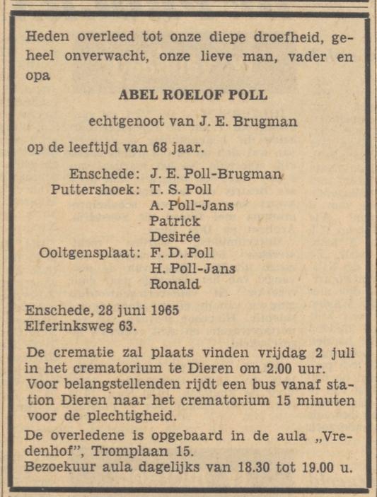 Elferinksweg 65 A.R. Poll overlijdensadvertentie Tubantia 28-6-1965.jpg