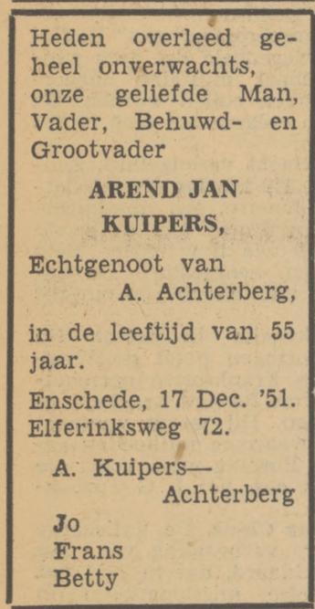 Elferinksweg 72 A.J. Kuipers overlijdensadvertentie Tubantia 18-12-1951.jpg
