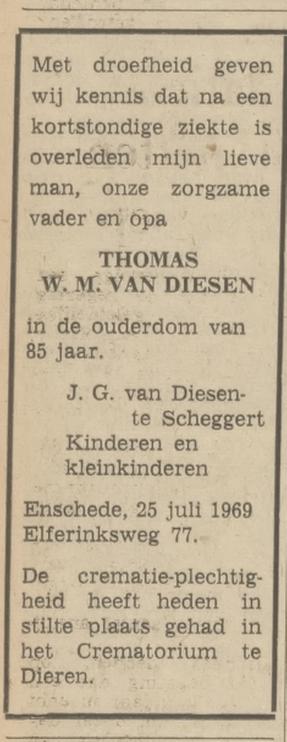 Elferinksweg 77 T.W.M. van Diesen overlijdensadvertentie Tubantia 29-7-1969.jpg