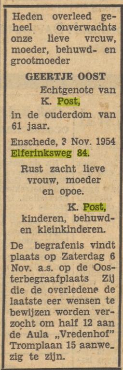 Elferinksweg 84 Geertje Post-Oost overlijdensadvertentie Tubantia 4-11-1954.jpg