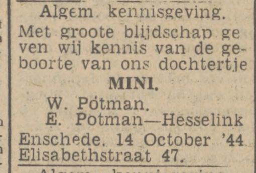 Elisabethstraat 47 W. Potman advertentie Twentsch nieuwsblad 16-10-1944.jpg