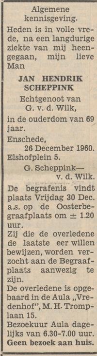Elshofplein 5 J.H. Scheppink overlijdensadvertentie Tubantia 27-12-1960.jpg