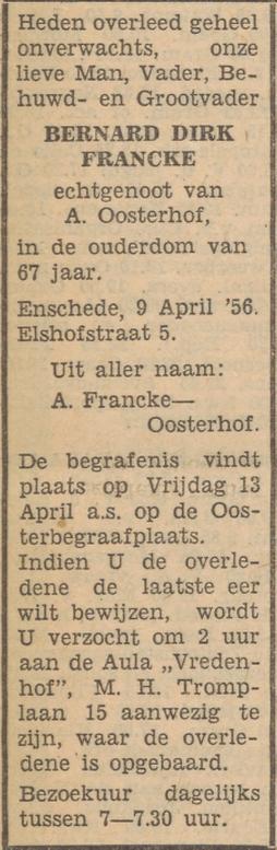 Elshofstraat 5 B.D. Francke overlijdensadvertentie Tubantia 10-4-1956.jpg