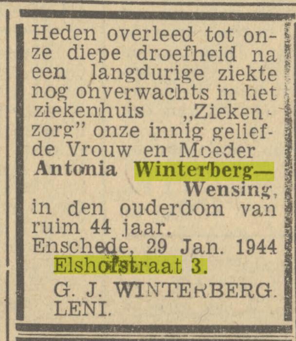 Elshofstraat 3 Antonia Winterberg-Wensing overlijdensadvertentie Twentsch nieuwsblad 31-1-1944.jpg