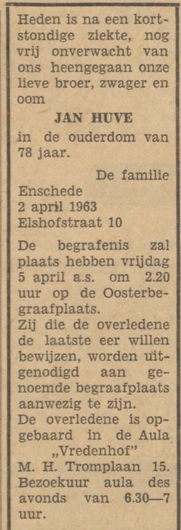 Elshofstraat 10 Jan Huve overlijdensadvertentie Tubantia 3-4-1963.jpg