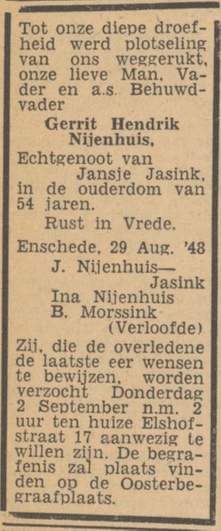 Elshofstraat 17 G.H. Nijenhuis overlijdensadvertentie Tubantia 30-8-1948.jpg