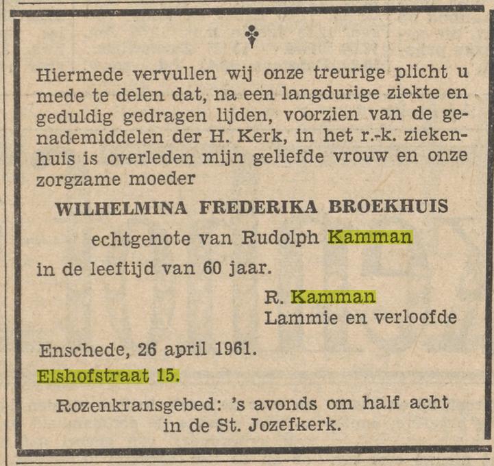 Elshofstraat 15 W.F. Kamman-Broekhuis overlijdensadvertentie Tubantia 27-4-1961.jpg